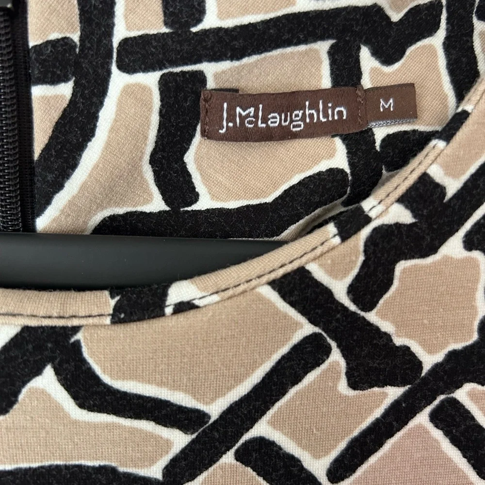J McLaughlin Devon Ponte Knit Black & Tan Scribe Print Dress Size M